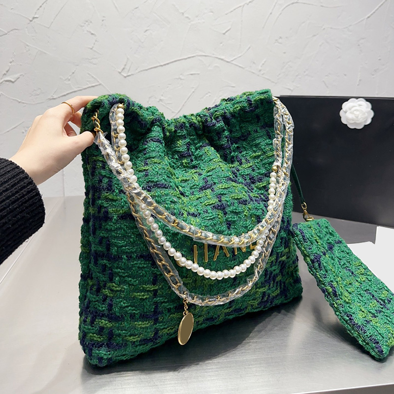 

22K Womnes Jumbo Tweed Quilted 22 Shopping Bags Gold Metal Hardware Matelasse Chain With Pearl Shoulder Pocket Large Capacity Outdoor Trends Handbags 28CM, Box