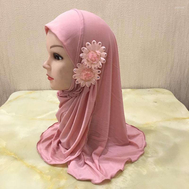 

Hats Children Hijab Cap With Flowers Decoration Plain Muslim Girls Pull On Jersey Scarf Ethnic Scarves Islamic Headscarf Turban, Cyan