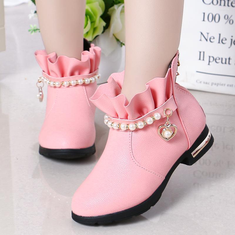 

Boots Girls Ankle 2022 Autumn And Winter Fashion Lotus Leaf Lace Beaded Zip Beautiful Princess Non-Slip Children Warm Plush, Pink no fur