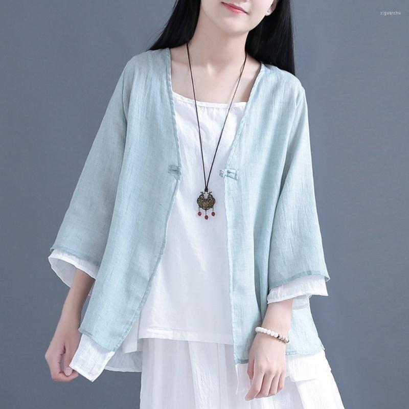 

Ethnic Clothing Oriental Traditional Chinese Top Women's Double-layer V-neck Small Cardigan Summer Cotton Linen Jacket Cheongsam Blouse