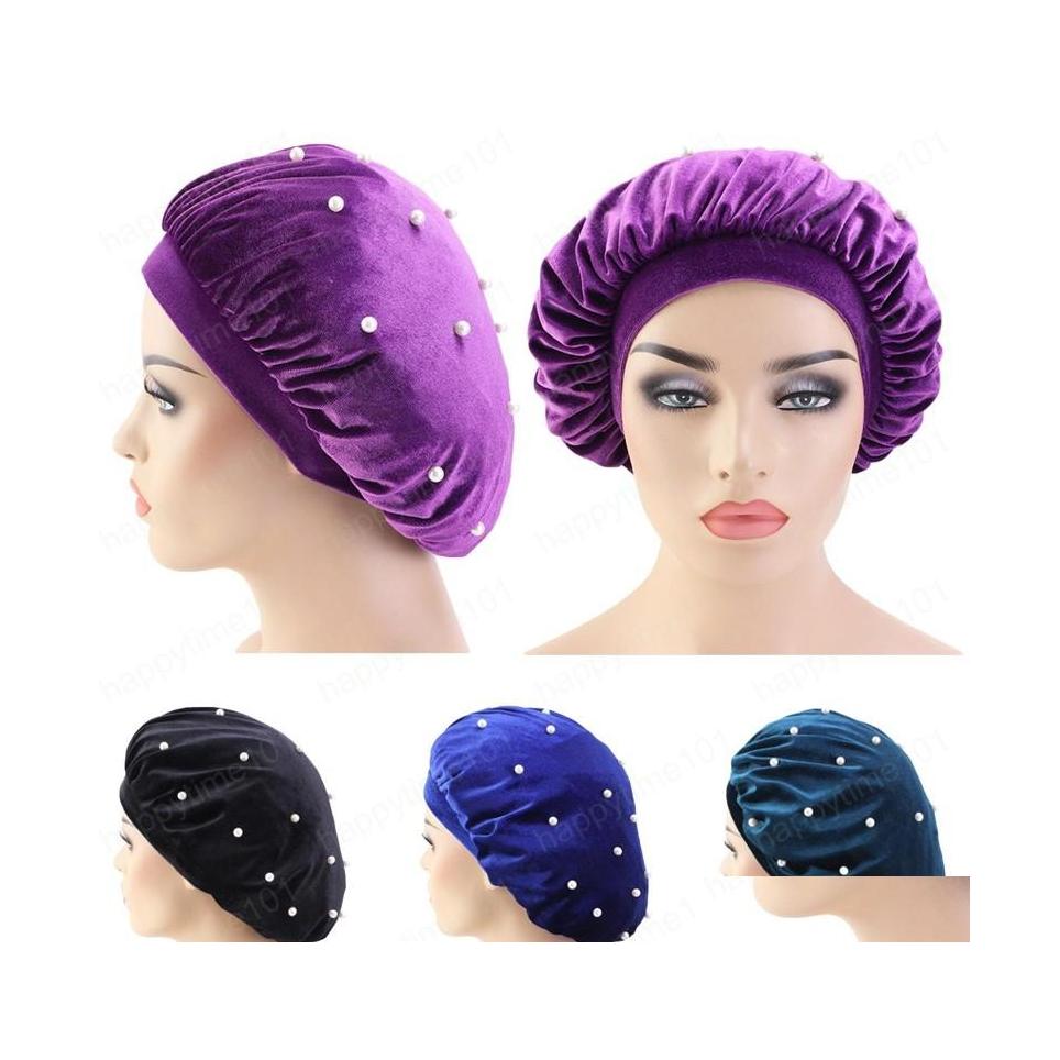 

Beanie/Skull Caps Women Muslim Cancer Chemo Turban Elastic Wide Band Bonnet Hat Night Sleep Cap Er Hair Loss Head Veet Beads Caps Dr Dhxi4, Randomly sended color