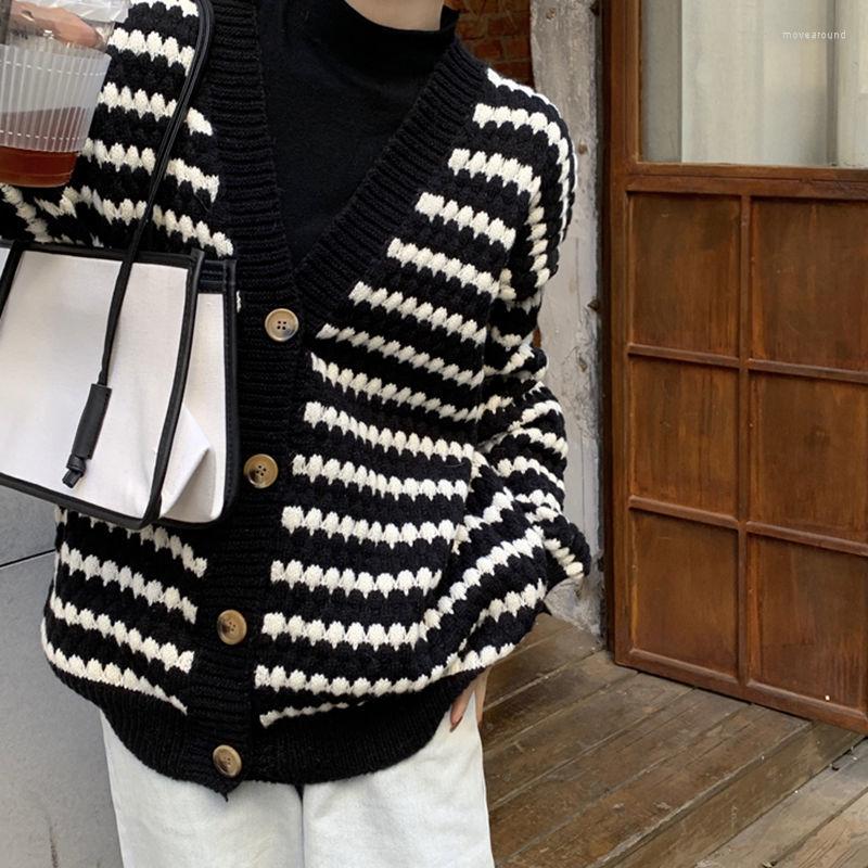 

Women's Knits 2022 Long Sleeve V Neck Knitted Cardigan Women Button Loose Casual Black And White Striped Sweaters For