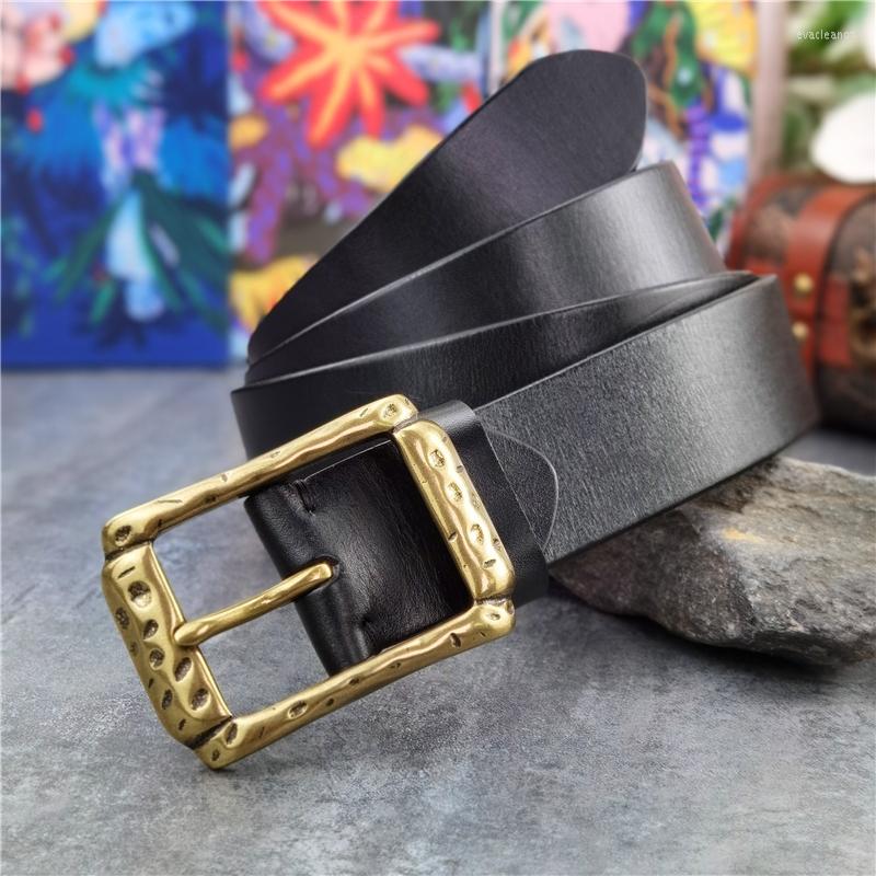 

Belts Retro Brass Belt Buckle Leather Men Ceinture Cowboy Jeans Genuine Vintage Long For Wide MBT0602, Black