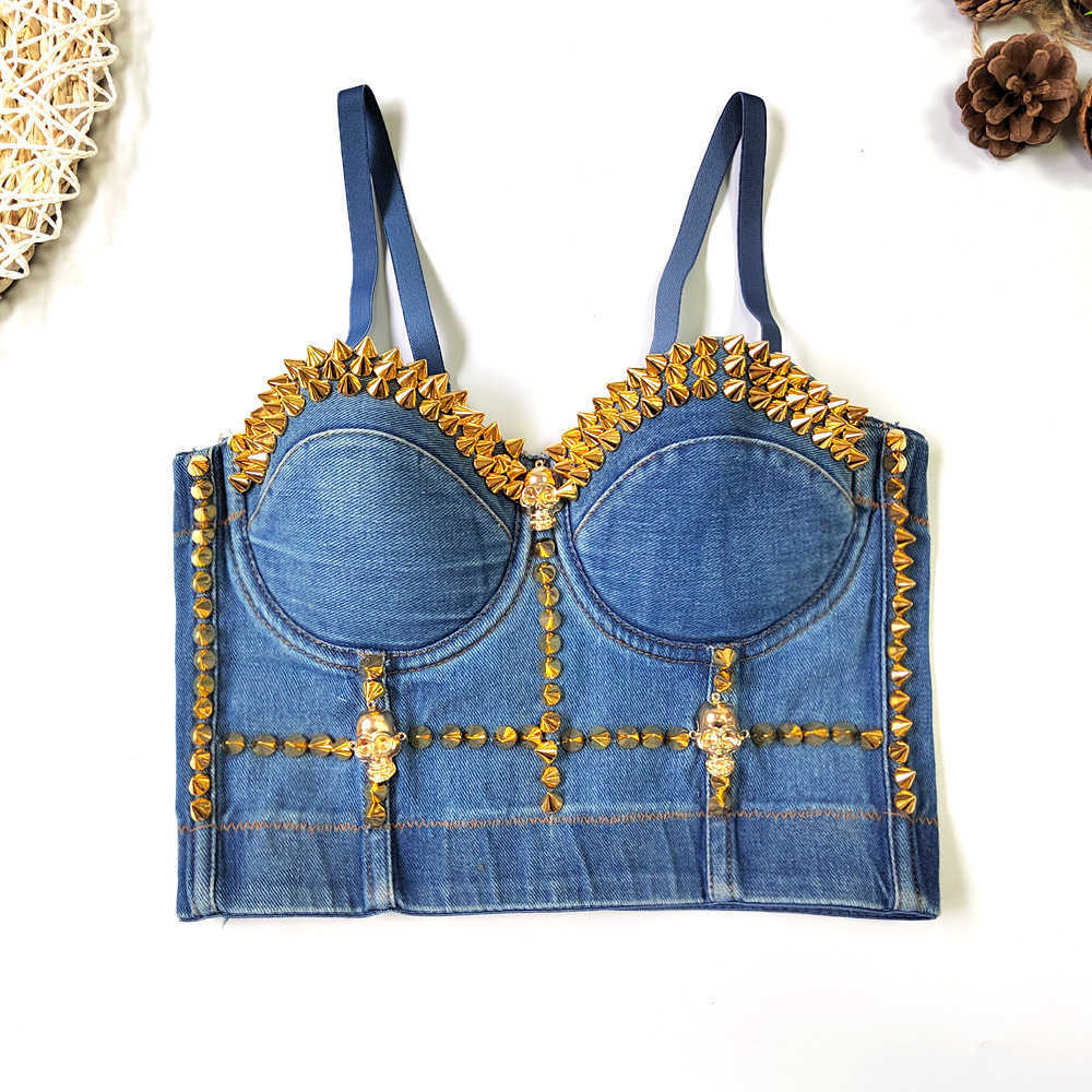 

Denim suspenders wear fishbone shaping bodice nail beads bullet head decoration personality hot girl blouse, Denim blue