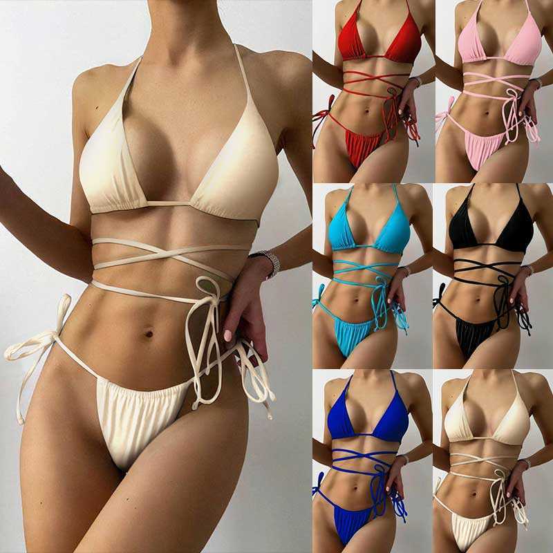 

Bras Sets 2022 Sexy Bikini Multicolor Brazilian Thong Swimwear Women Bandage Solid Swimsuit Micro Beachwear Swimsuit Summer Bikini Set T221206, Z212-light pink
