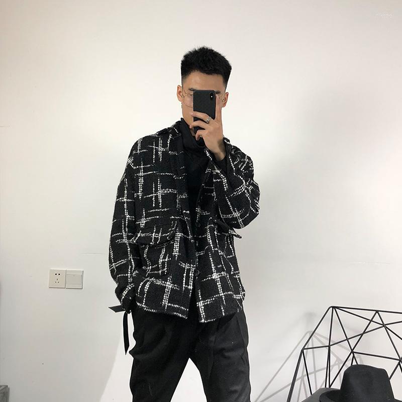 

Men's Trench Coats Autumn/winter Men's Personality Black And White Check Loose Short Coat Hip Hop Street Trend