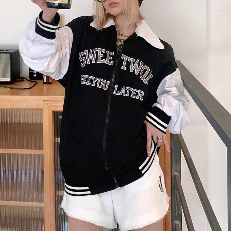 

Women' Jackets Women Lapel Letter Print Long Sleeve Sweater Zipper Cardigan Stitching Baseball Jacket Large Size Loose Girls Streetwear, Black