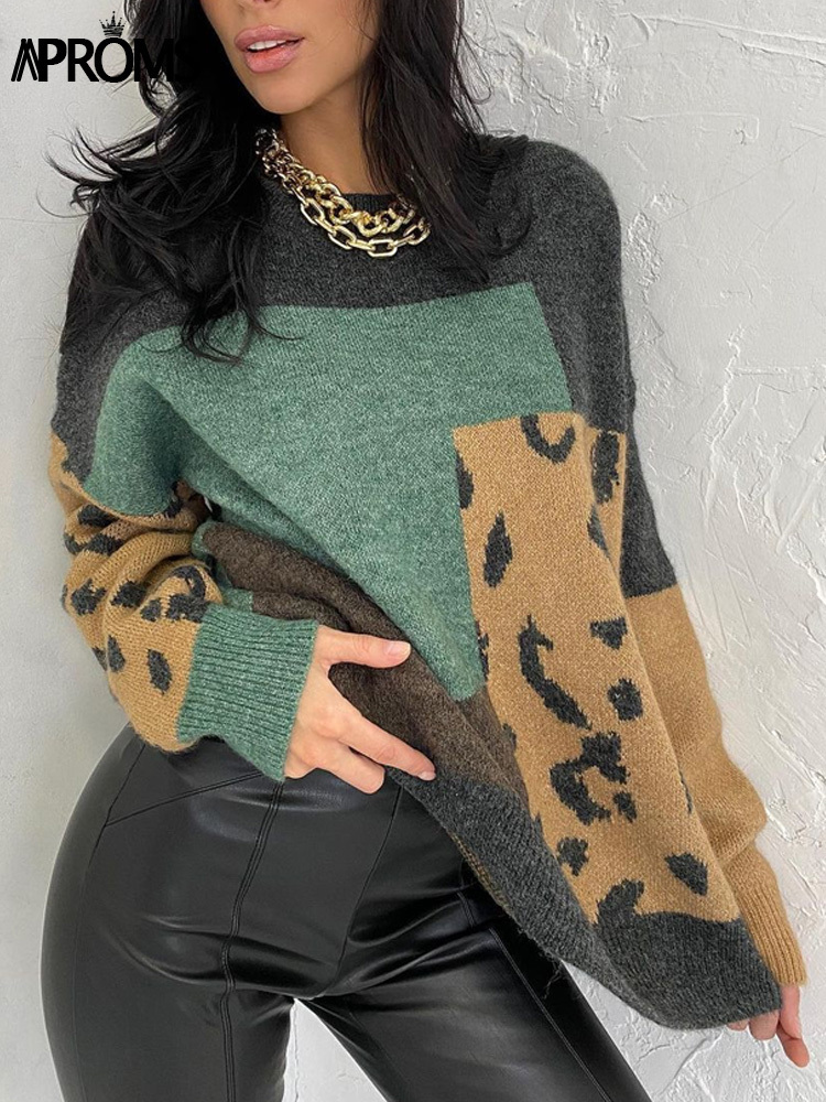 

Women s Sweaters Aproms Elegant Leopard Print Oversized Pullovers Female Autumn Winter Soft Warm Knitted Loose Jumpers for Women 221206, Gray green