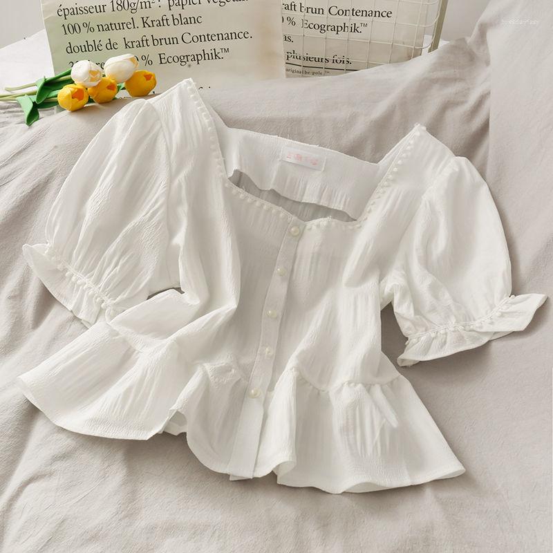 

Women's Blouses Women Summer Chiffon Shirt Female Ruffles Square Collar Pearl Buckle Solid Vintage Fashion Casual Slim Tops, Green