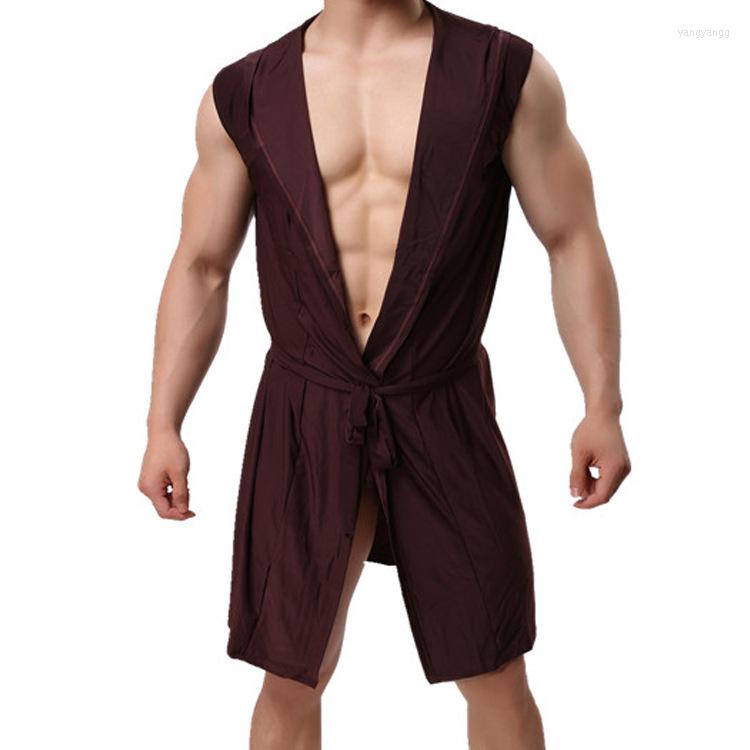 

Men' Sleepwear Men' Ice Silk Hooded Sleeveless Sexy Thin Bathrobe Fashionable Comfortable And Breathable Solid Color No Underwear, Black