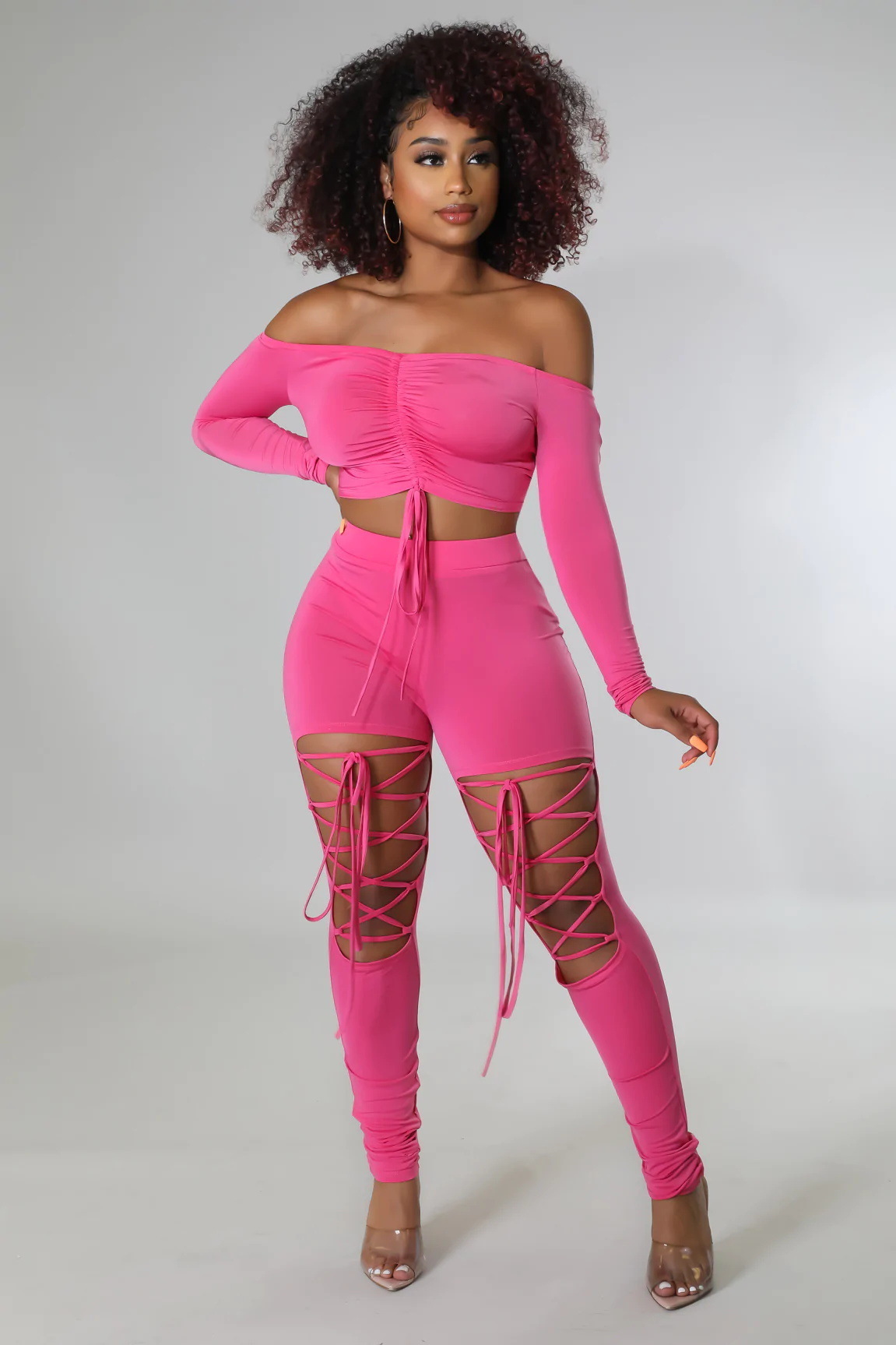 

Women s Two Piece Pants Off the Shoulder 2 Set Women Sexy Long Sleeve Lace Up Ruched Crop Top Cut Out Skinny Club Party Outfits Sets 221206, Fuchsia set
