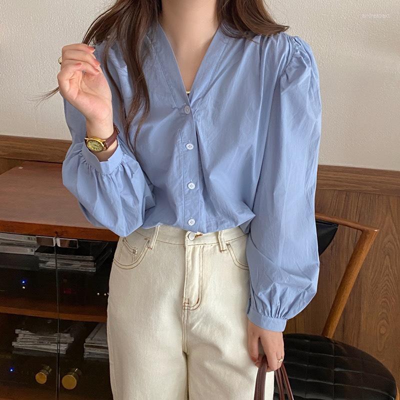 

Women' Blouses Korean Minimalist Women Shirt Solid Blue V-neck Long Puff Sleeve Button-up Loose Office Ladeis Casual Blusas Mujer De Moda, Elegant blue