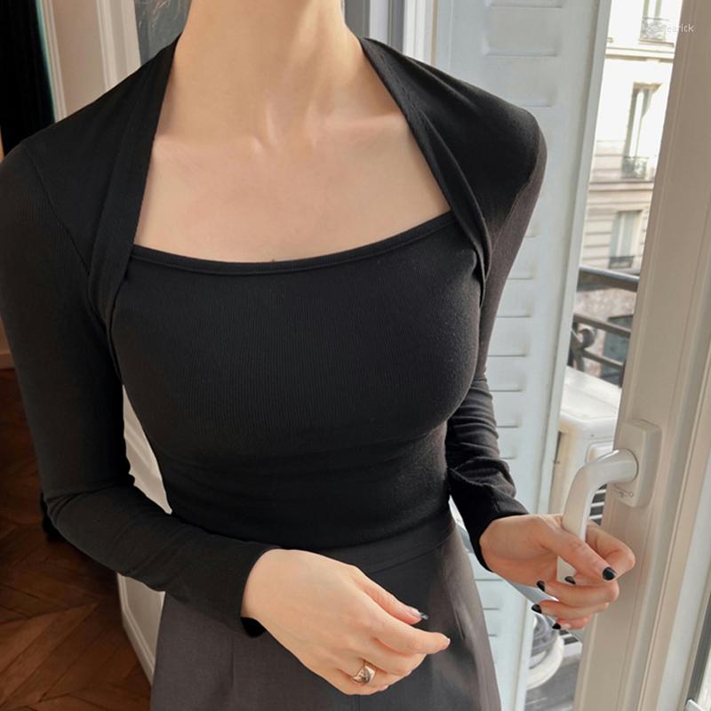 

Women's T Shirts Autumn Square Collar Shirt Women Tops Korean Style Slim Long Sleeve Tees Elastic Tshirts Woman Clothes Black Tee Femme