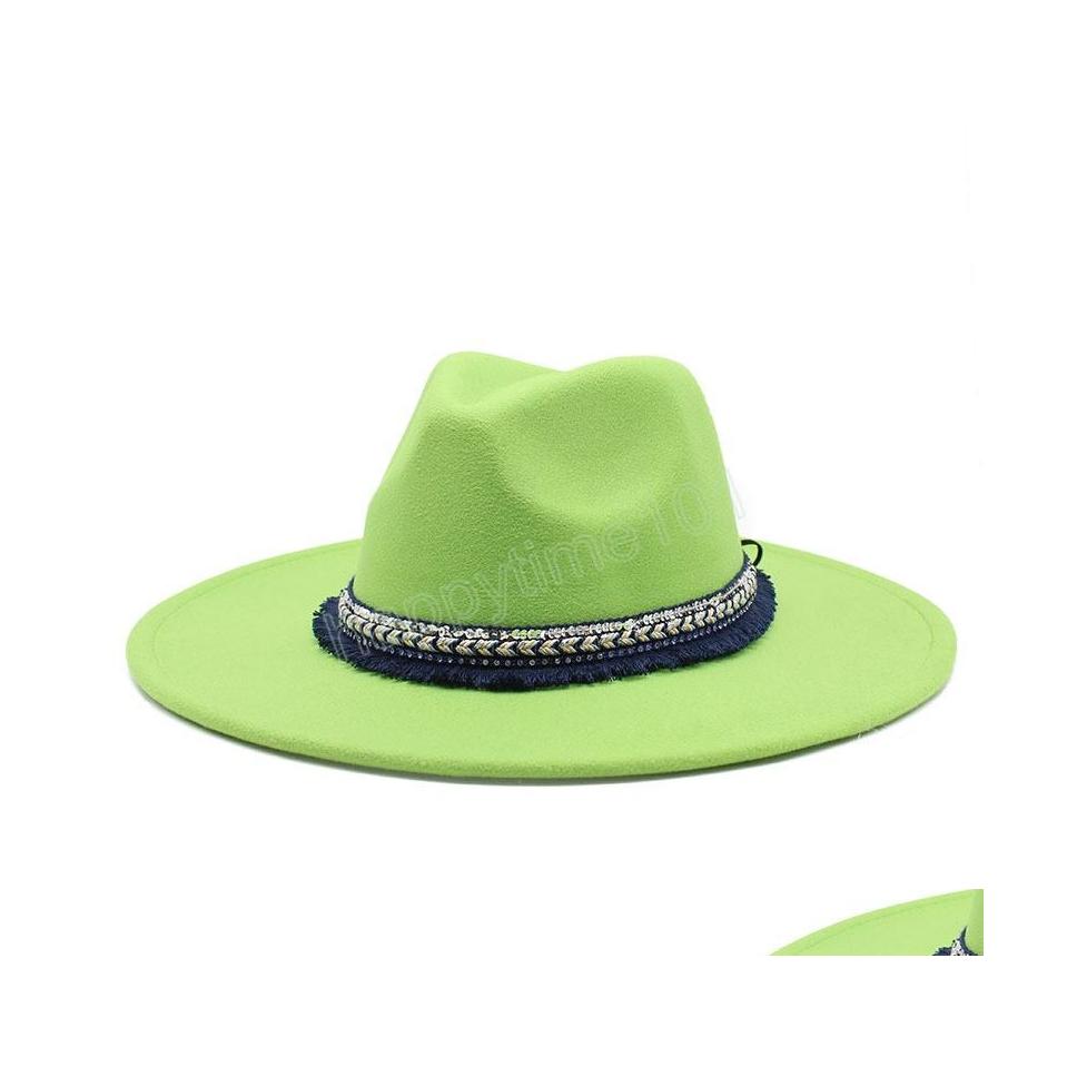 

Wide Brim Hats Bucket Hats 9.5Cm Wide Brim Fedora Hats For Women Autumn Winter Felted Jazz Hat Panama Church Wedding Party Sombrer Dh5Vp