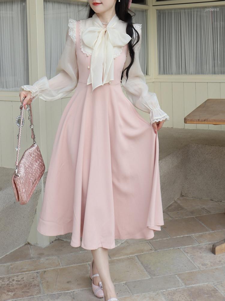 

Casual Dresses Autumn Lace Vintage Fairy Dress Women Patchwork Elegant Party Midi Female Bow Korean Fashion One Piece Sweet 2022, Pink