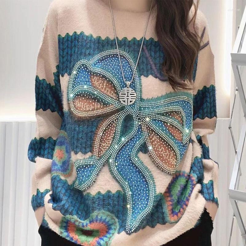 

Women's Sweaters Fashion Korean Long Sleeve Loose Printed Autumn Winter Casual Streetwear Diamonds Knitted T-shirt Women's Clothing, 1020