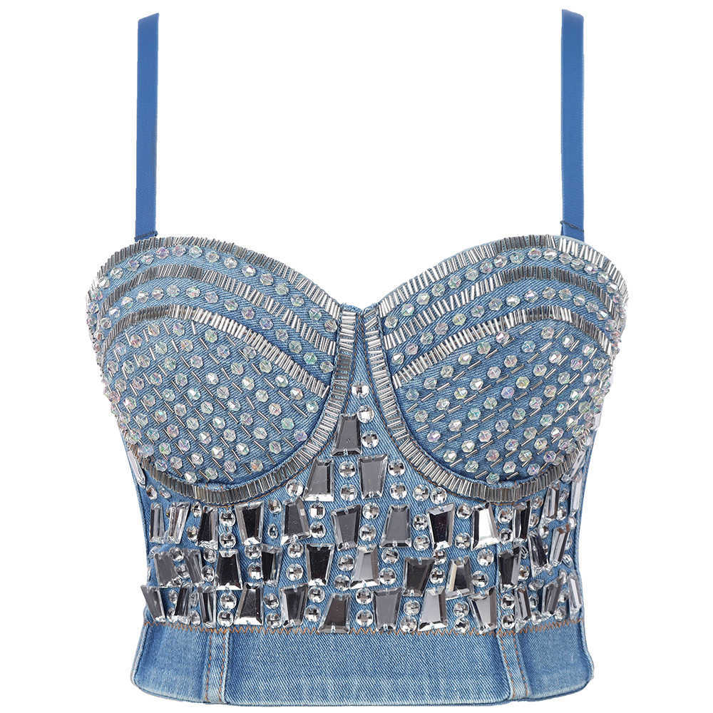 

Nail bead shaped suspender vest Classic outer underwear stage performance clothes hot diamond denim bra, Denim blue silver