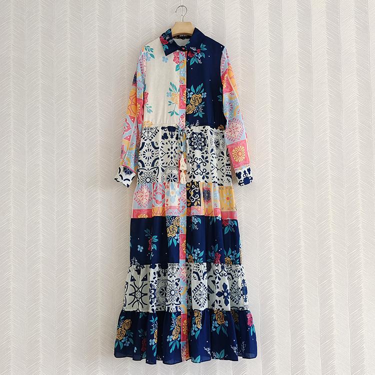 

Casual Dresses Full Sleeve Flower Print Loose Ruffle Long Dress Turn-Down NECK Lady Retro Clothes, Blue