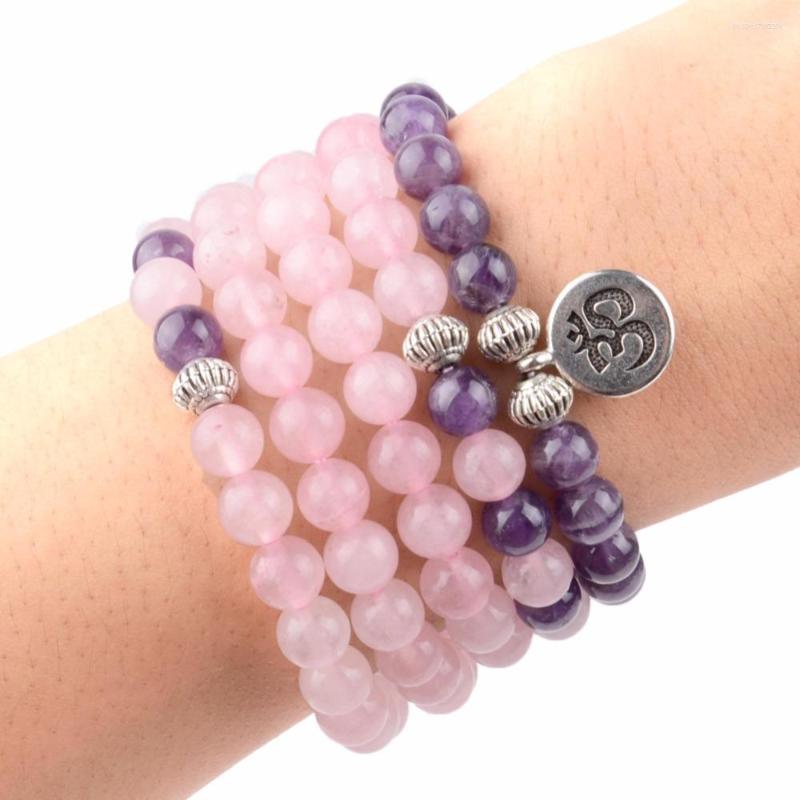 

Strand 108pcs Mala Yoga Bracelets Natural Stone Rose Quartzs Amethysts OM Buddha Charm For Women Men Jewelry Drop