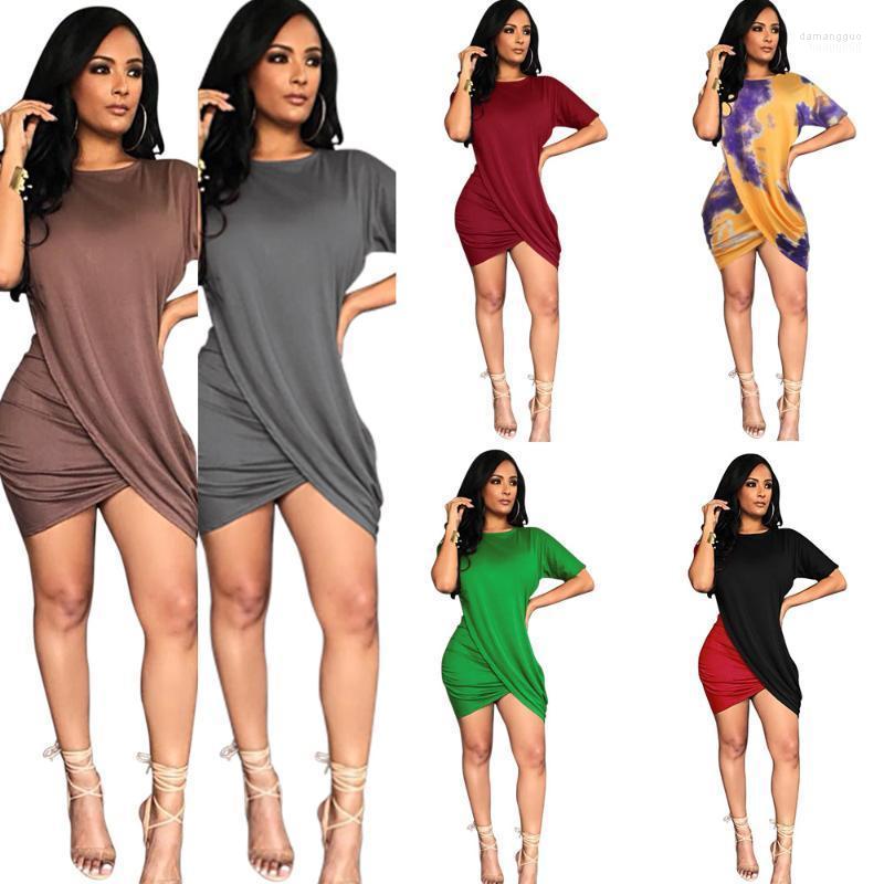

Casual Dresses 2022 Autumn Women O-Neck Irregular Short Sleeves Mini Bodycon Fashion Draped Lady Dress, Black