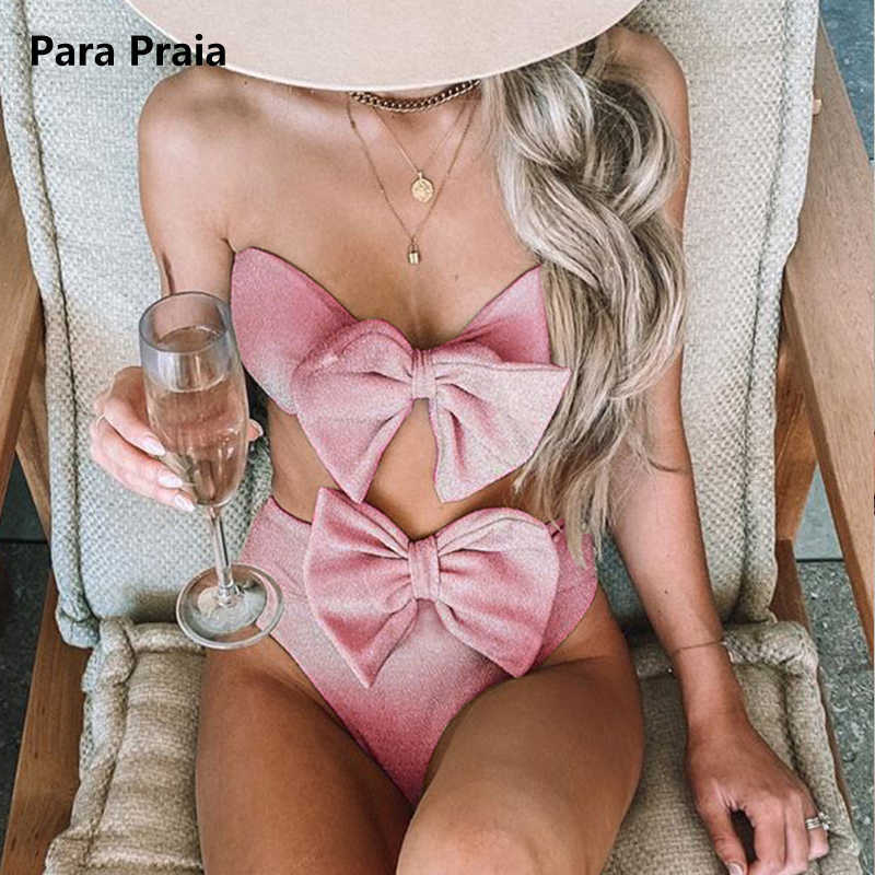 

Bras Sets Para Praia High Waist Bikini Solid Pink Bikinis 2021 Bow-knot Swimwear Women Bandeau Woman Swimsuit Push Up Bathing Suit T221206