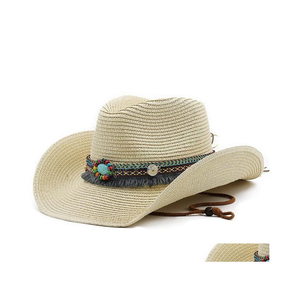 

Wide Brim Hats Bucket Hats Panama Hats Womens Summer Cowboy Sun Hat Male Female Khaki St Emerald Decorate Fashion Men Jazz Drop De Dhynd