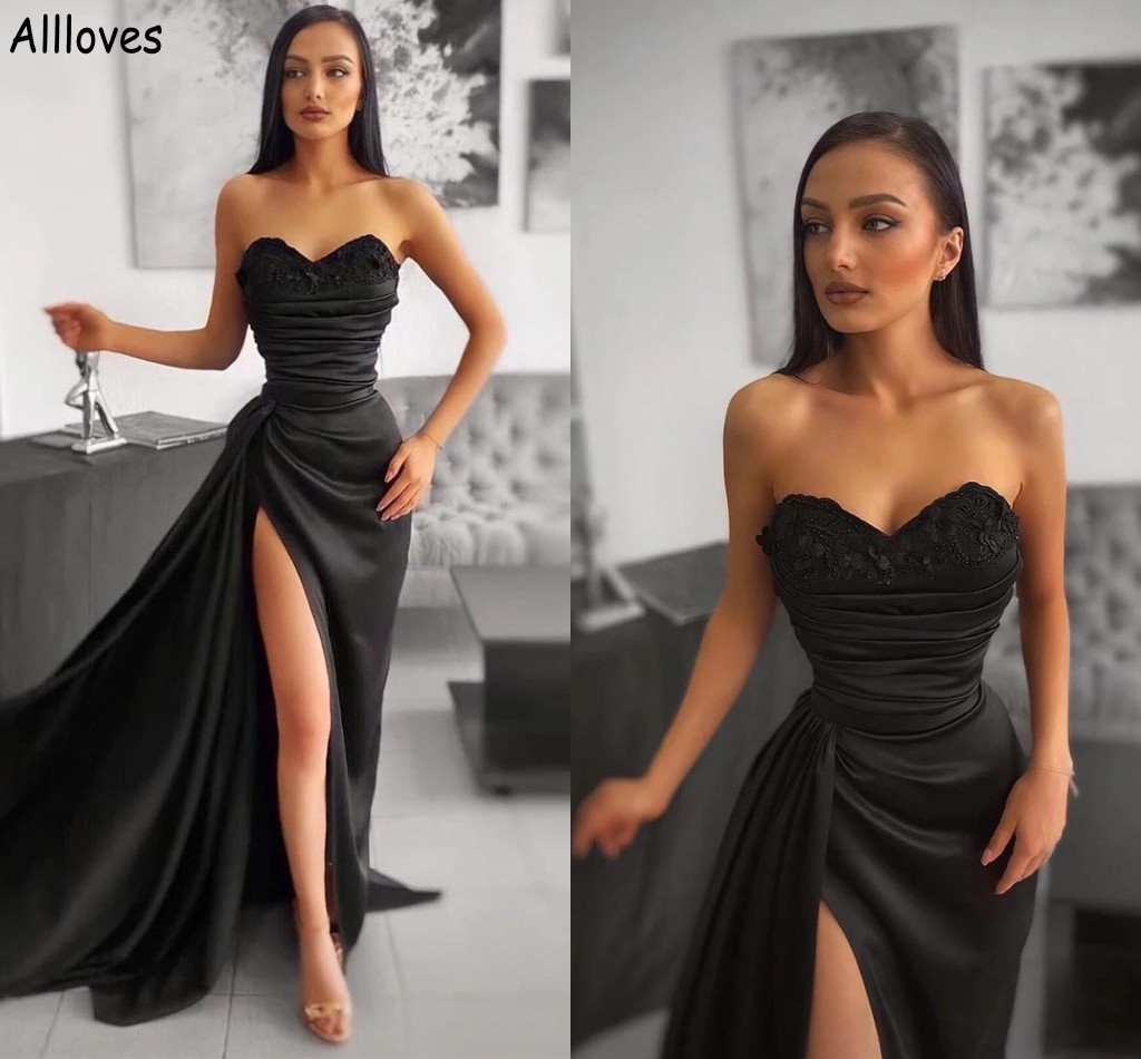 

Black Satin Peplum Mermaid Evening Dresses Sweetheart Ruched Lace Appliques Formal Party Prom Gowns Sexy High Split Arabic Aso Ebi Special Occasion Dress CL1573, White