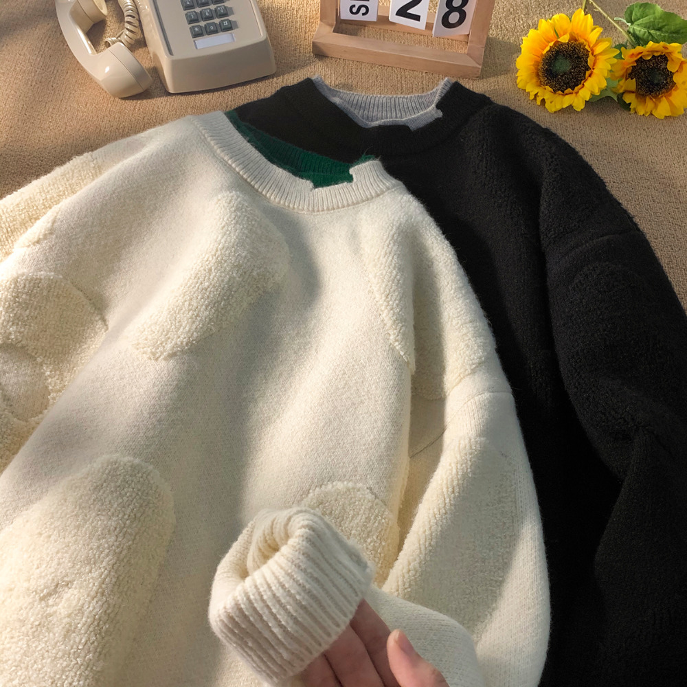 

Men s Sweaters Korean Fashion Knitted Streetwear Solid Color Warm Fleece Pullovers Autumn Winter Sweatshirts 221206, Beige