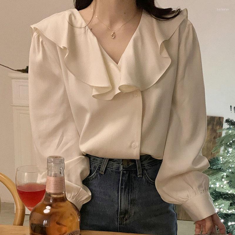 

Women' Blouses Early Spring Blouse French Temperament Lotus Leaf V-neck Loose And Chic Single-breasted Lantern Sleeve Shirt Top Women, Picture shown