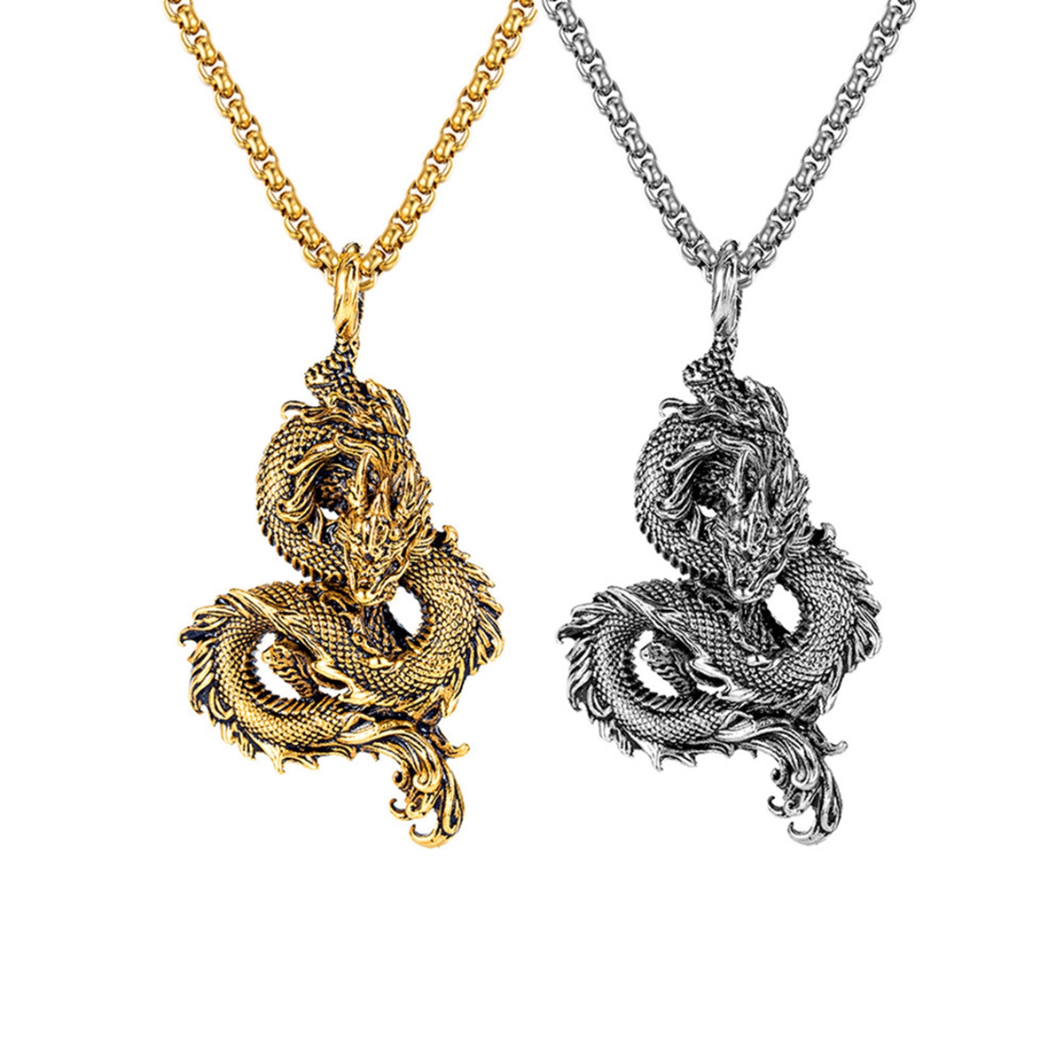 

10Pcs Vintage Domineering Chinese Dragon Pendant Necklace Men's Hip-Hop Sweater Chain Jewelry