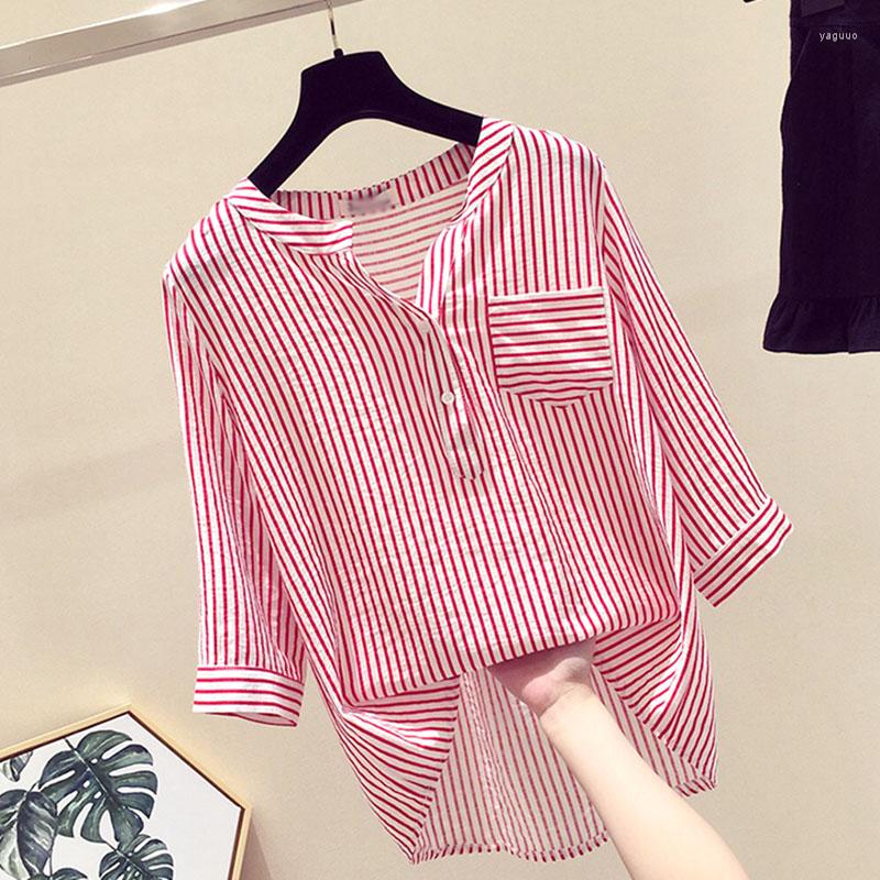 

Women' Blouses Oversized 3XL Striped Women Shirts Summer 2022 V-Neck Half Sleeved Pocket Straight Casual All Match Female Outwear Tops, Blue