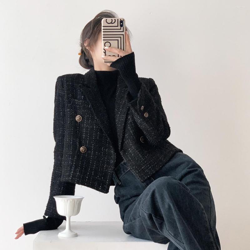 

Women' Suits Elegant Double Breasted Suit Blazers Women Autumn Fashion Tweed Plaid Long Sleeve Blazer Jacket Office Lady Notched 2022 E837, Black