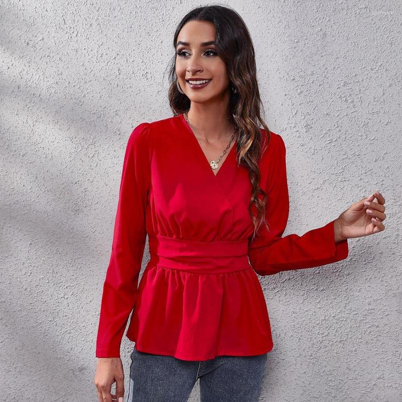 

Women' Blouses Women' Spring And Autumn Fashion Shirt Pullover Blouse Slim Zipper Waist Bubble Long Sleeved Woman Red White Black