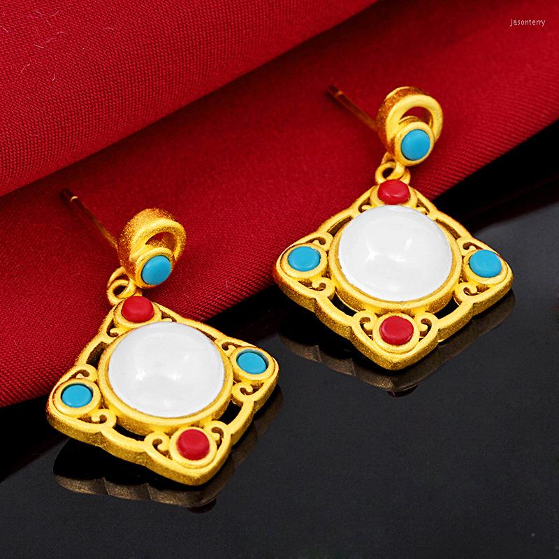 

Dangle Earrings Real Gold Color Jade Square Retro Luxuryearrings For Women Wedding Engagement Plated Jewelry Stud Earring Gift Not Fade