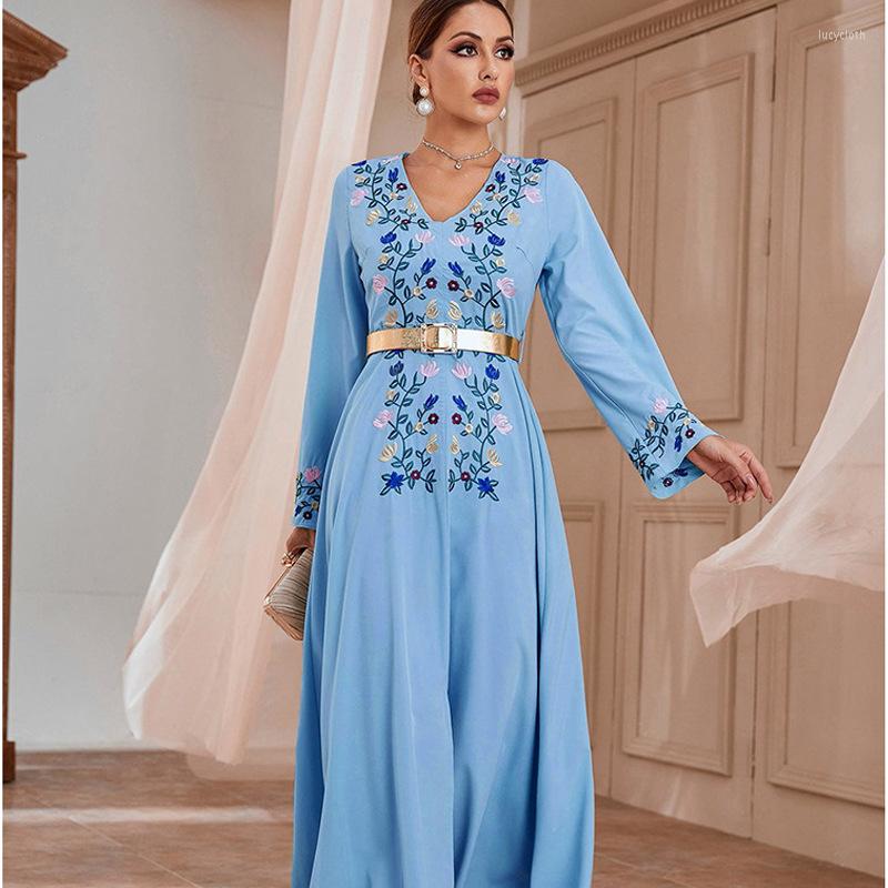 

Ethnic Clothing Arab Moroccan Muslim Embroidered Dress Fashion Casual Party Abayas Women Ramadan With Belt