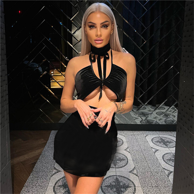 

Halter Hollow Out Sexy Party Club Dress Women Street Strapless Black colour Bottom Velvet Mini Vestidos