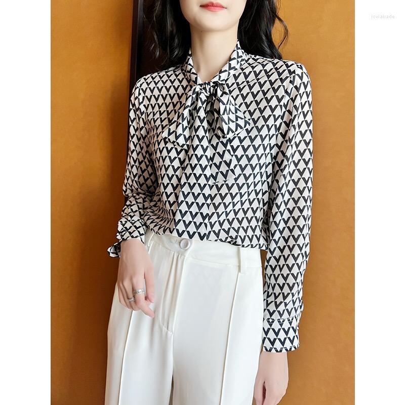 

Women' Blouses Silk Blue & White Collision Geometric V-printed Flutter Belt Long-sleeved Shirt High Quality Elegant Women Vintage