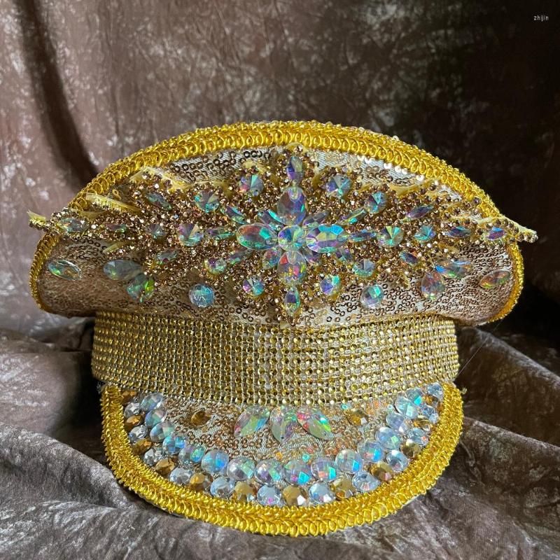 

Berets Handmade Women Gold Bride Hat Military Luxury Rhinestone Queen Sergeant Captain Hen Festival Birthday Part