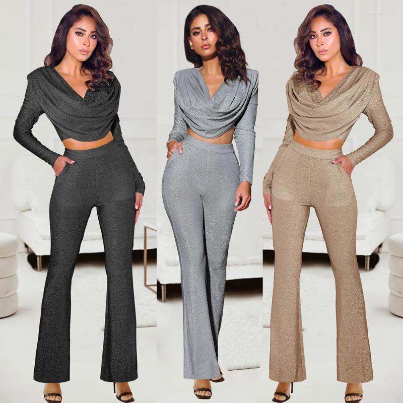 

Women' Two Piece Pants European And American Suits Sexy Casual Ladies Bronzing Long-sleeved Tops Flared Trousers Two-piece Suit, Gold