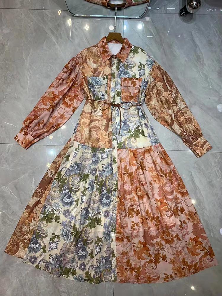 

Casual Dresses Single-Breasted Flowers Printed Belt Women Long Dress Sashes Luxury Party Ball Gown Lady Clothes, As photo