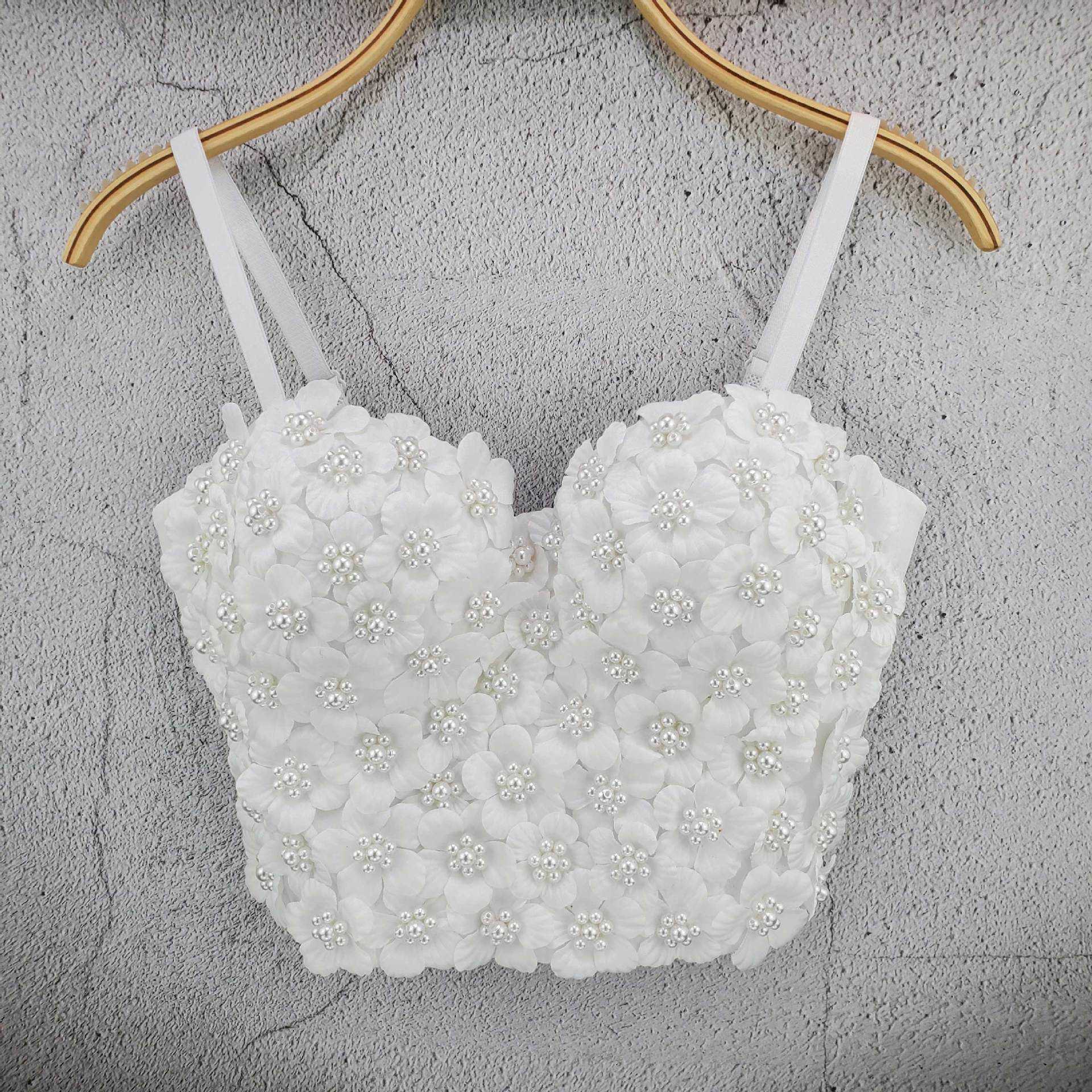 

New boutique niche personality outer wear bra handmade flower nail bead diamond heavy industry small suspender women's Vest Top, White
