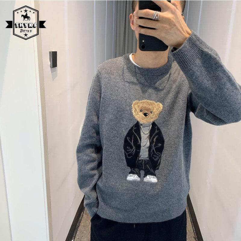 

Men's Sweaters Harajuku Cartoon Men Retro Knitted Embroidered Bear Round Neck Lovers Pullovers Loose Korean Sweater Women Autumn Tops, Dark grey
