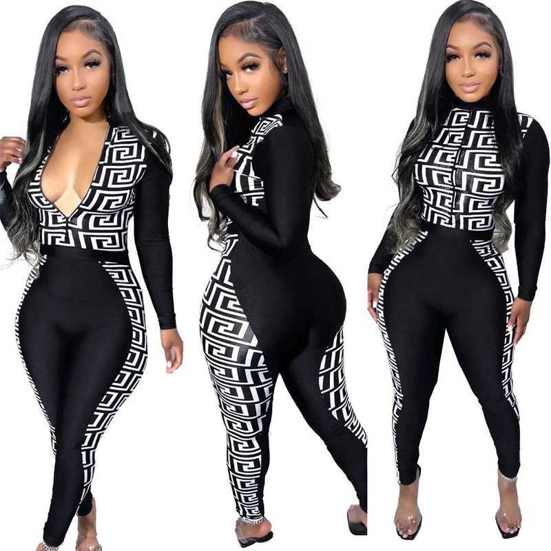 

Plus Size Women Jumpsuits Designer -3XL New Sexy Bodysuits Slim Printed Zipper Fit Oversize Mock Rompers Nightclub Dress, Black crease