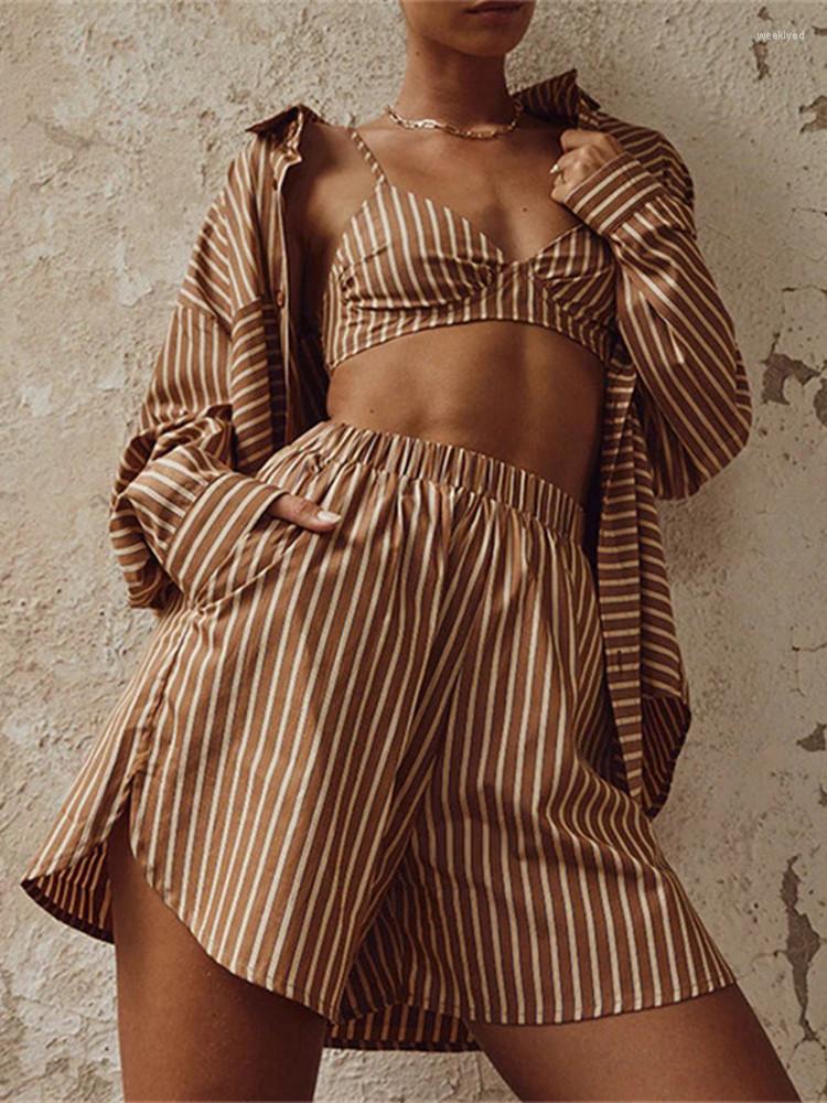 

Women' Tracksuits 2022 Women 3 Piece Matching Suits Striped Solid Sling Bra Tops Long Sleeve Lapel Shirt Elastic Waist Shorts Vintage, Army green