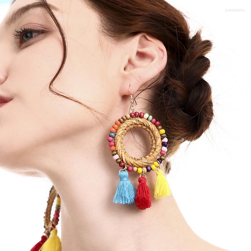 

Dangle Earrings Boho Style Colorful Cotton Tassel Pagoda Fan Pendant Handmade Bead