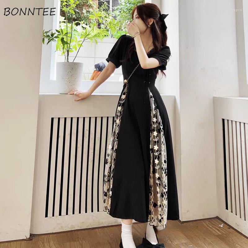 

Party Dresses Women Wear Vintage Tunic Fashion Summer Elegant A-line Femme Holiday Mid-calf Casual Vestidos Korean Style Student, Black