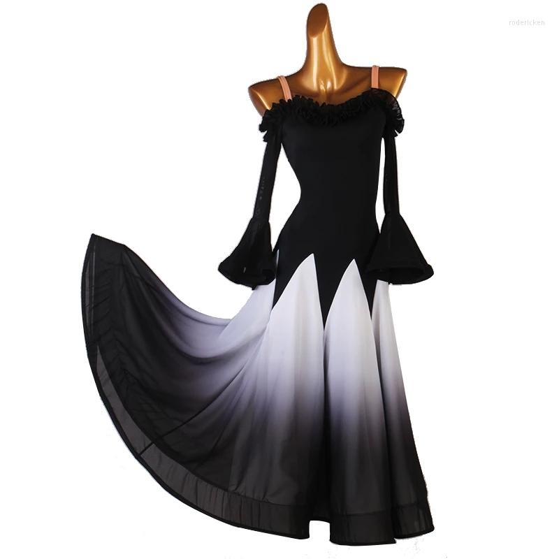 

Stage Wear Women'S National Standard Dance Clothes Long-Sleeved Jumpsuit Skirt Suit Ballroom Competition Dress, Black