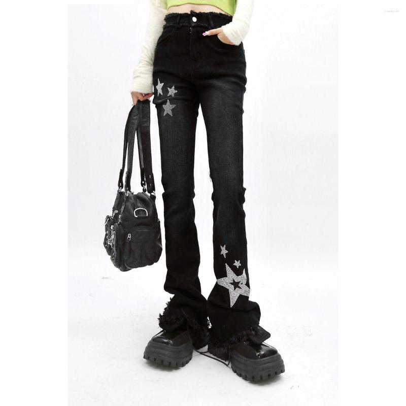 

Women' Jeans Skinny Stretch Drilling Rhinestone Star Burr Black Flare Denim Pant High Waist Slim Bootcut Bell Bottom Street Y2k