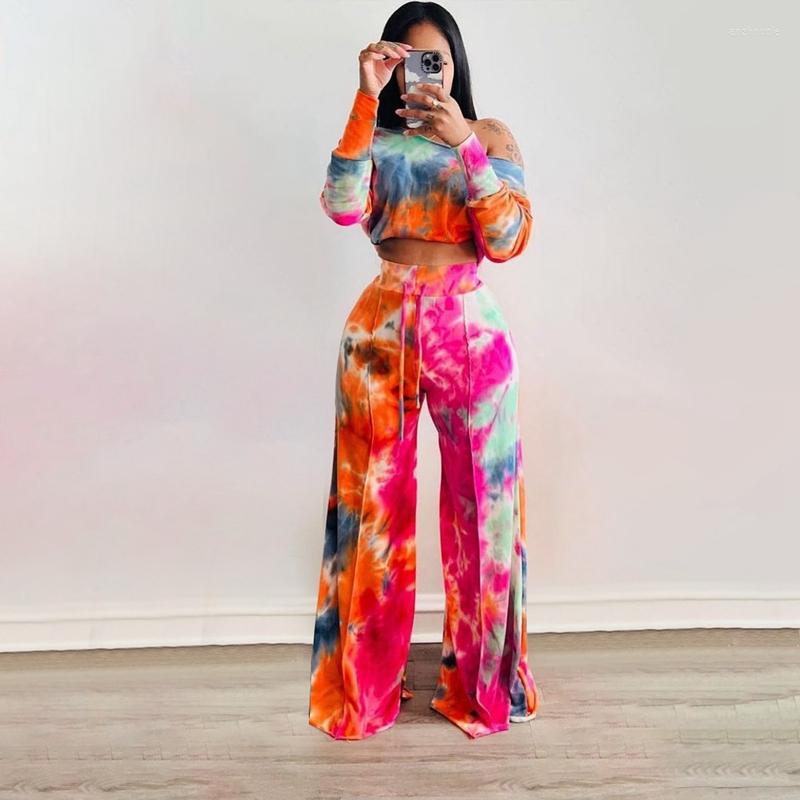 

Women' Two Piece Pants STYLISH LADY Tie Dye Printed 2 Set Women Long Sleeve Off The Shoulder Crop Top And Wide Leg Pant Suit Club Party, Red