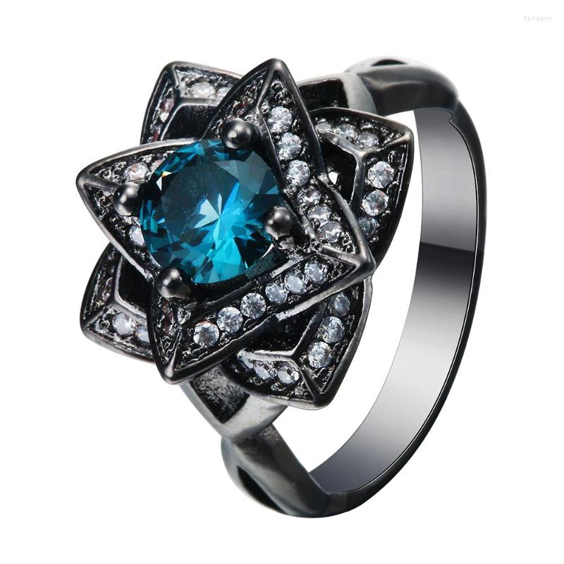 

Wedding Rings Luxury The Created Love Flower Blue CZ Zircon Ring Black Gold-color Crystal 2022 Vintage Engagement Jewelry